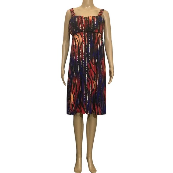 NY Collection Dress Womens L Midi Multicolored Sequins Zip Chest Flowy Stretch - Picture 2 of 6